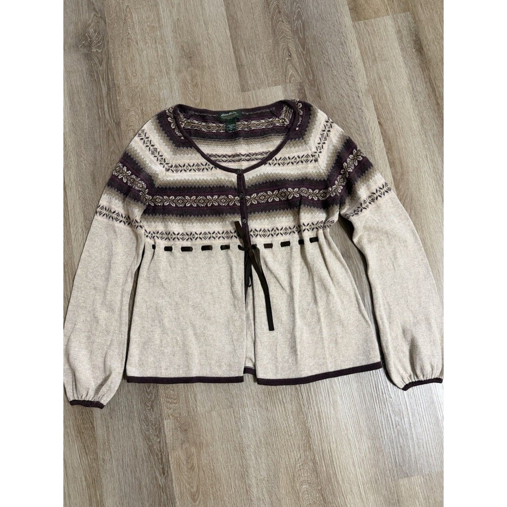 Y2K Eddie Bauer Fair Isle Wool Blend Cardigan Sweater Neutral Cozy XL Women’s